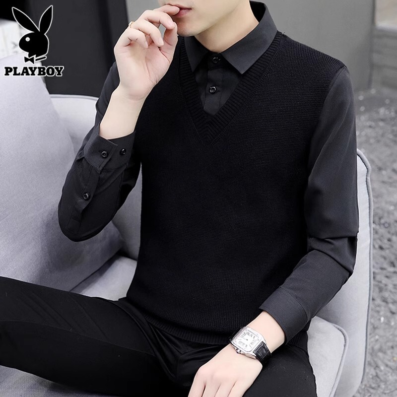 Playboy Shirt Collar Sweater Men's Base Layer Shirt Spring and Autumn Trendy Black Fashion Top New Knit Sweater for Men Playboy Shirt Collar Sweater Men's Base Layer Shirt Spring and Autumn Trendy Black Fashion Top New Knit Sweater for Men