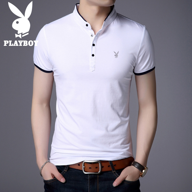 Playboy summer T-shirt men's stand collar half-sleeved white Korean version of the trend top clothes thin casual short-sleeved men