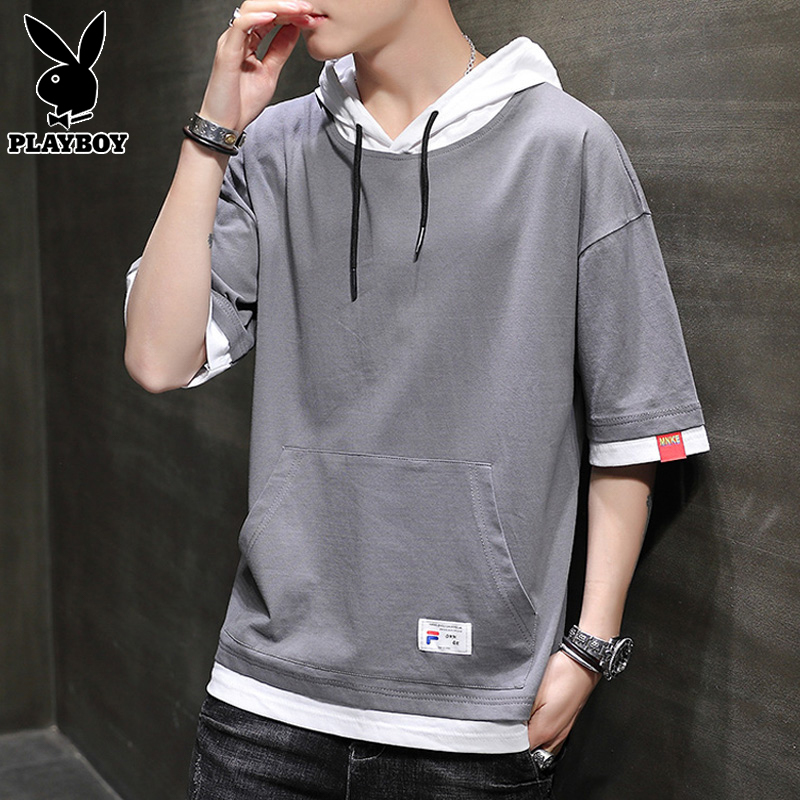 Playboy Hooded Short-Sleeved T-Shirt Men's Pure Cotton Top Summer Thin Trendy Casual Stylish Sweatshirt Men's T-Shirt Playboy Hooded Short-Sleeved T-Shirt Men's Pure Cotton Top Summer Thin Trendy Casual Stylish Sweatshirt Men's T-Shirt