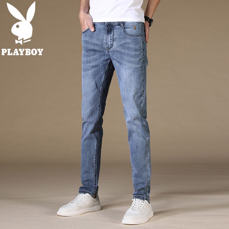 Playboy spring and autumn casual jeans men's youth trendy brand new plus velvet slim feet long pants men's winter