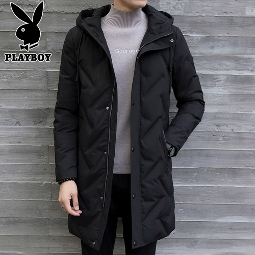 Playboy, мужской пуховик, демисезонная длинная черная толстовка с капюшоном, мужская куртка, увеличенная толщина