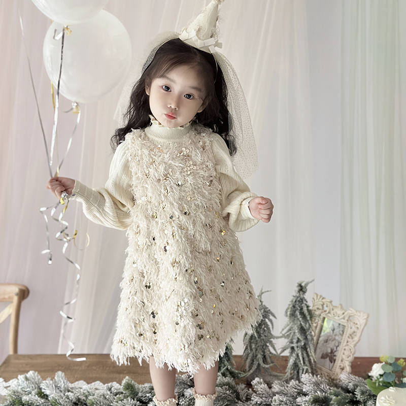 YFY girl feather sequin brightly dress with dress birthday gown with cotton thickened vest dress temperament children New Year's suit-Taobao
