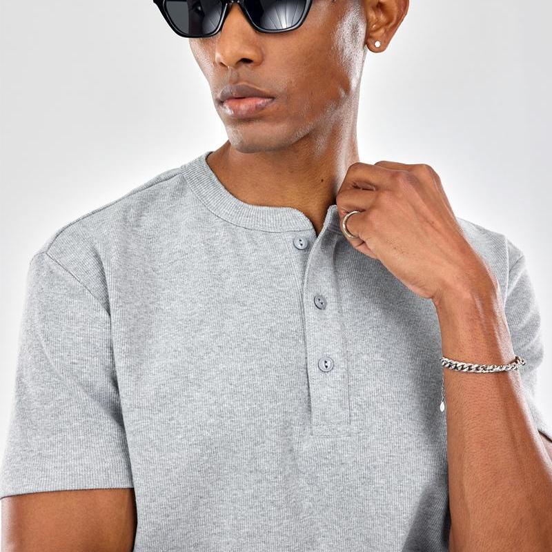 Slowgang Threaded 320g Heavyweight Henley Collar Short Sleeve Men's T-Shirt with Cuffed Sleeves, Stretchy Slim Fit, Small Neckline, Fitness T-Shirt
