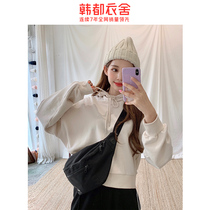 Handu clothing house 2021 spring new college style lady dress loose casual wild solid color short hooded sweater