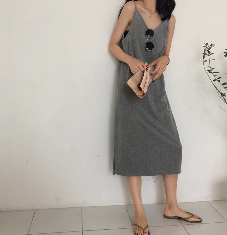Kích thước lớn tùy chỉnh tất cả các kết hợp váy treo không tay cổ chữ V mùa hè mới mùa hè xẻ tà và váy dài giữa mỏng - Sản phẩm HOT