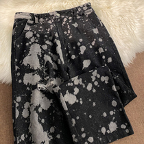 Neresum splashing ink high street jeans straight tube ins thin hole pants high waist pants children Korean senior self-retention