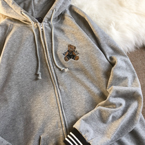 Neresum spring embroidered bear print coat womens cardigan zip ins couple loose gray hooded sweaters