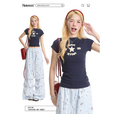 NERESUM short short-sleeved T-shirt for women's summer American sweet and spicy star patch half-sleeved slimming off-the-shoulder top