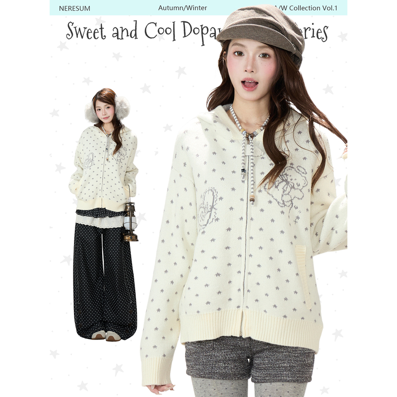Neresum Love Bear Jacquard Sweater Women's 2026 New Knitted Cardigan Korean Style Outfit Hooded Jacket Neresum Love Bear Jacquard Sweater Women's 2026 New Knitted Cardigan Korean Style Outfit Hooded Jacket