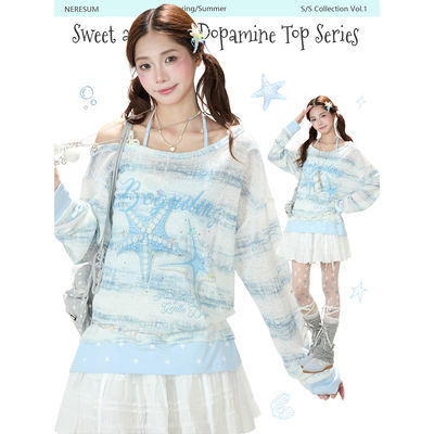 NERESUM cartoon starfish long-sleeved smock for women, light Asian style starfish neckline, slightly translucent back, sun-protective off-the-shoulder T-shirt