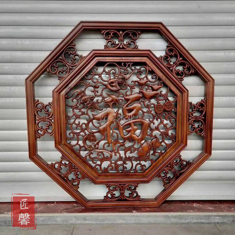 Dongyang wood carving pendant camphor wood head octagonal solid wood blessing word wall hanging porch living room Chinese style background wall pendant
