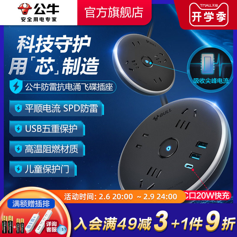 Bull Socket Inserts Platoon Plug 20W Quick charge with line lightning protection Anti-surge Domestic office round patch panel trailing wire 