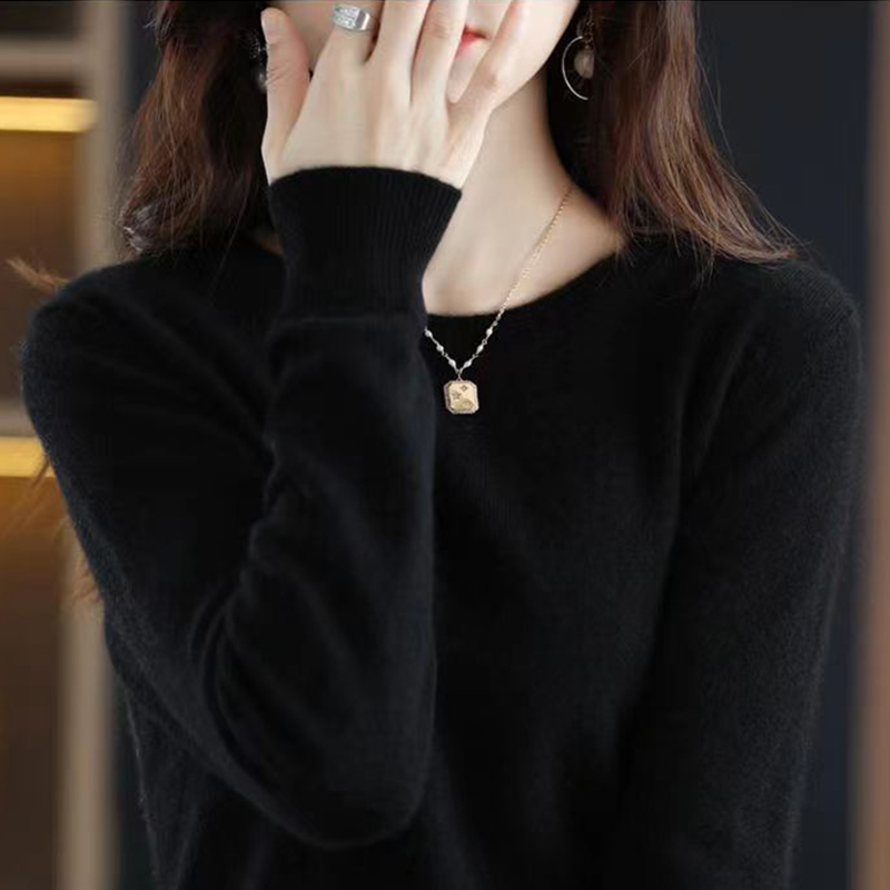 [Machine Washable] Black Base Layer Women's Wool Sweater, 100% Pure Wool Inner Layer, Round Neck, Solid Color Sweater