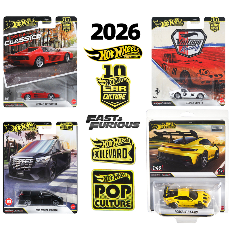 Hot Wheels Modern Classic Alloy Car Models with Rubber Tires and Metal Base: Ferrari, Porsche 993, Toyota, Mazda