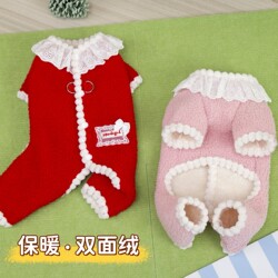 Pet Clothes for Small Dogs and Cats, New Autumn and Winter Warm Fleece Four-Legged Clothing with Cute Lace Collar and Leash Buckle, Winter Wear