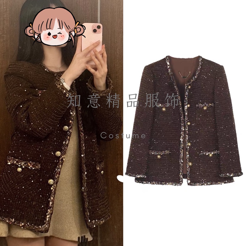 2026 Spring New Coat French Socialite Style Coffee Color Tweed Coat Loose Mid-Length Jacket