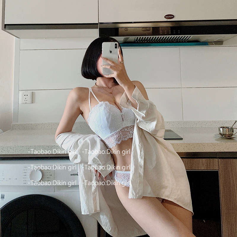 Women's underwear gathered big adjustable breast anti-sagging seamless thin section lace no steel ring underwear set