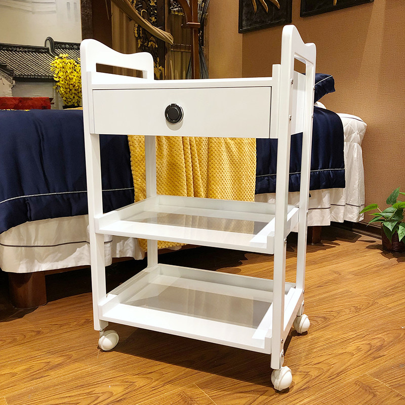 Beauty compression solid wood board tool cart wooden cart three-layer drawer beauty salon nail salon hair pattern embroidery cart