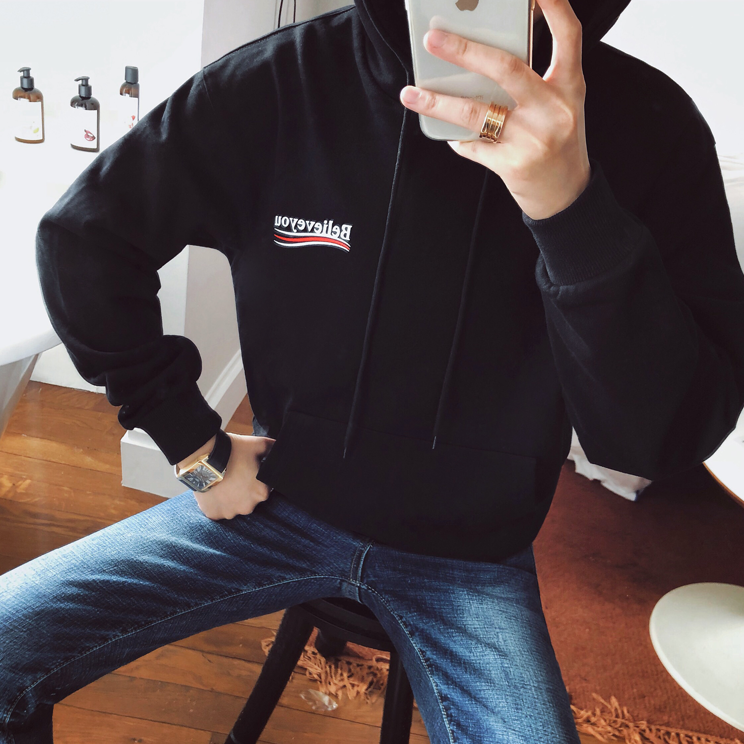 Hoa lớn quần áo hoa nhỏ nam 18 mùa thu và mùa đông mới Áo len ba màu Believeyou áo len nam và nữ hoodie màu be