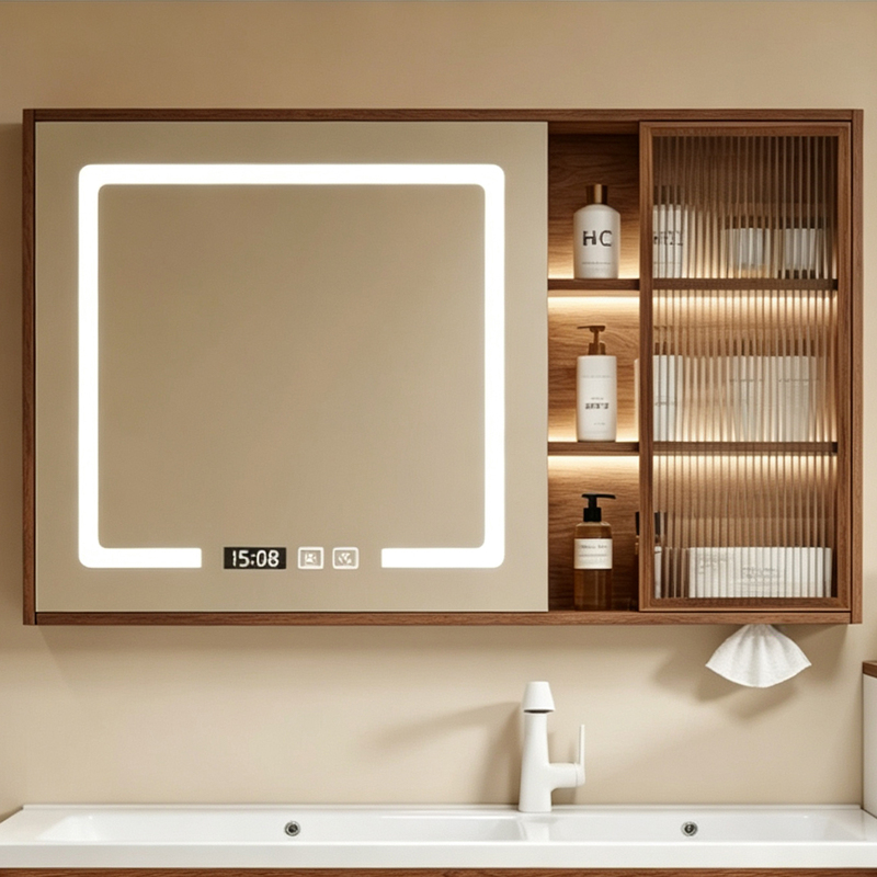 Medieval-Style Bathroom Mirror Cabinet, Wall-Mounted, Walnut-Colored, Bathroom Storage, Separate Smart Mirror Cabinet with Light and Defogger