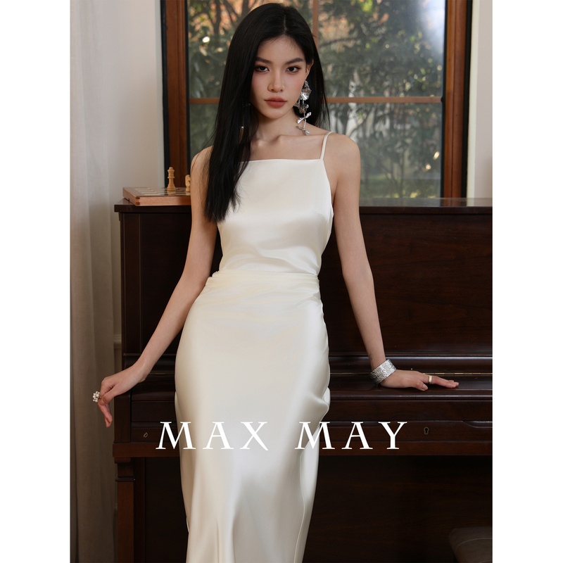 Maxmay Satin Acetate High-End Light Luxury Niche Evening Dress Women's Engagement High-End Beautiful Spaghetti Strap Dress