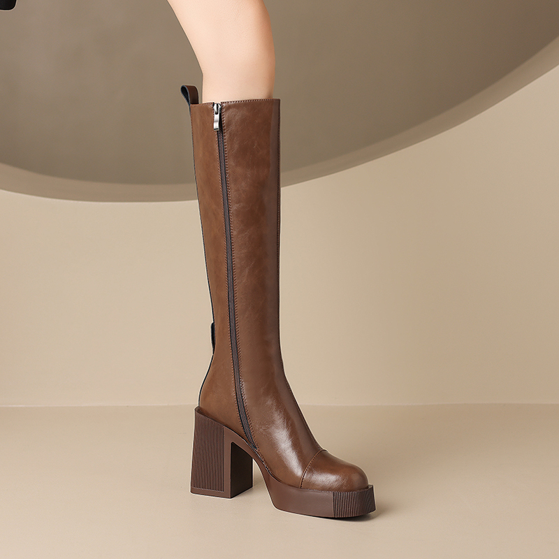 Autumn and Winter Genuine Leather Tall Boots for Petite Women, Retro Chunky Heel, Waterproof Platform, Thick-Soled High-Heeled Long Boots, Brown Riding Boots Autumn and Winter Genuine Leather Tall Boots for Petite Women, Retro Chunky Heel, Waterproof Platform, Thick-Soled High-Heeled Long Boots, Brown Riding Boots