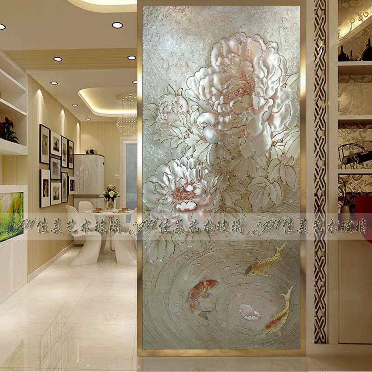 Custom art glass partition screen porch powder room dry and wet background wall tempered engraving light-transmitting relief peony