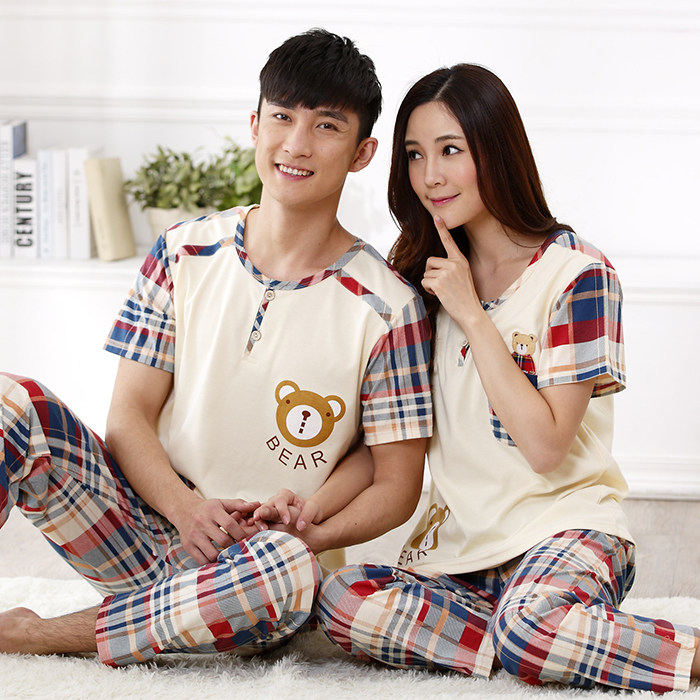 Spring Summer Season Short Sleeve Long Pants Lovers Pyjamas Men's Pure Cotton Gats Plus Yard all-cotton Home Suit Suit Women