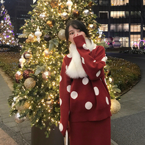 DALU Christmas daily red polka dot sweater womens two-piece womens loose pullover sweater solid color skirt