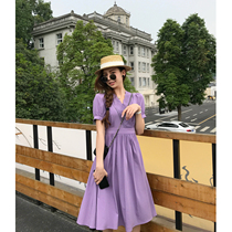 DALU French design sense niche vneck hollow embroidery waist solid color dress women Summer A- line dress big swing skirt
