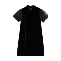 EIN Yan retro new Chinese style oblique lapel velvet contrast material cogan yarn puff sleeve cheongsam dress 24 summer new style