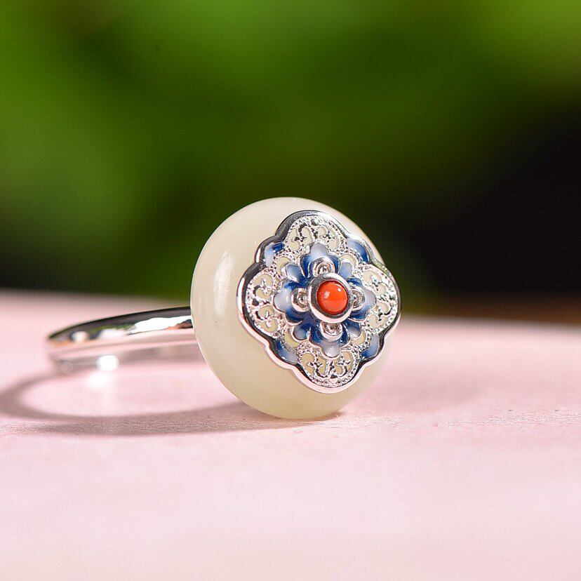 Vintage palace Hetian jade silver open ring
