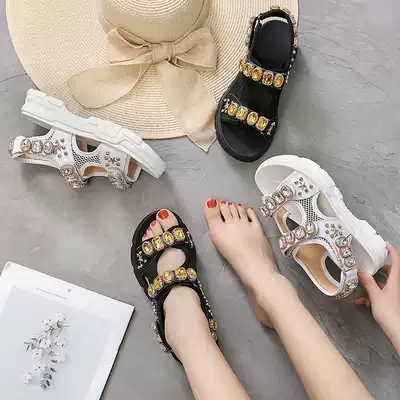 European station 2021 summer new net red explosive rhinestone leather sandals female super fire fairy wind flat bottom 34 yards