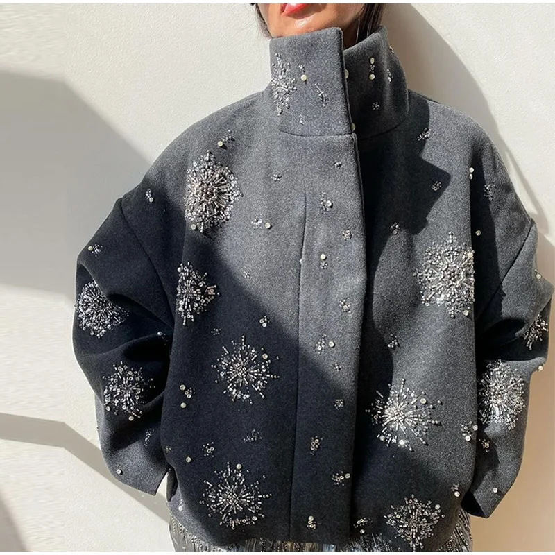 European and American Autumn and Winter Women's Fashion Jacket, Unique Street Style, Loose Fit, Single-Breasted, Stand-Up Collar, Floral Sequin Jacket European and American Autumn and Winter Women's Fashion Jacket, Unique Street Style, Loose Fit, Single-Breasted, Stand-Up Collar, Floral Sequin Jacket