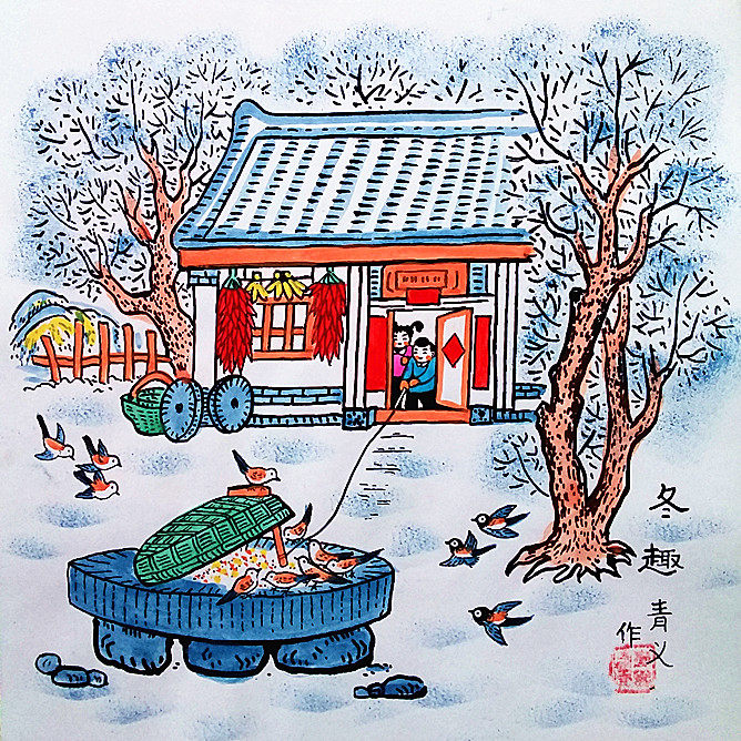 Winter Fun Rural Kid Winter Snowscape Children's Game Watching Sparrow Play House Farmers Painting Dimensions 25x25cm-Taobao