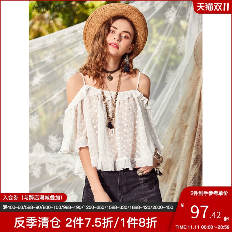 [Double 11 anti-season berserk] Aka tính khí xù lông đường khâu ren áo quây sexy trên áo voan quây gợi cảm - Áo sơ mi chiffon ren