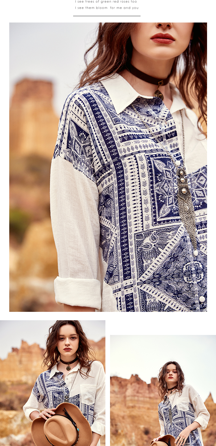 P Aka 2018 mùa thu mới retro quốc gia khảm màu khâu ra khỏi vai tay áo không thường xuyên hem shirt SA11389C áo sơ mi nữ dài tay hoa