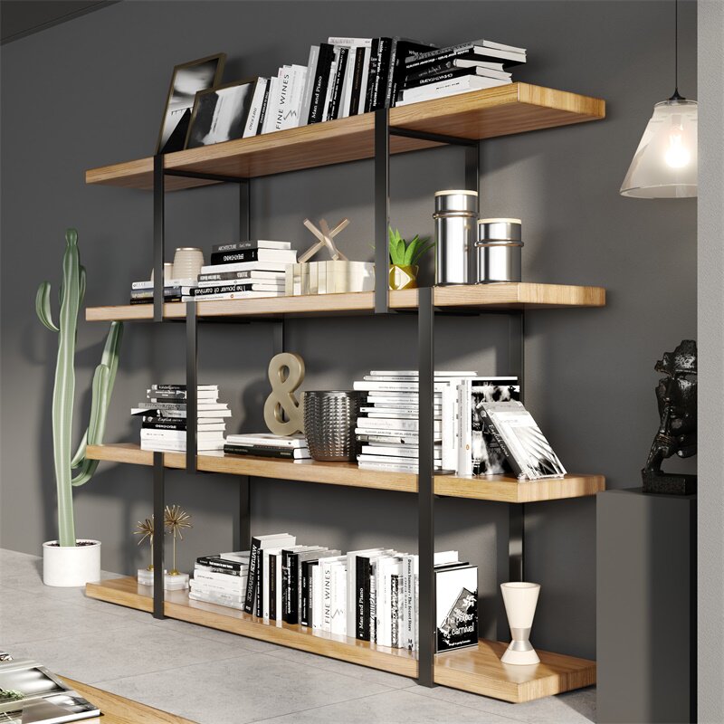 Simple industrial style shelf wrought iron solid wood bookshelf floor modern living room display rack office partition partition shelf