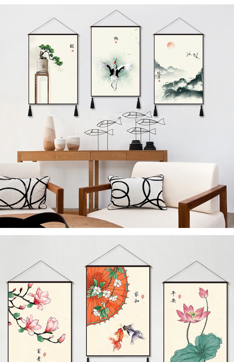 Mới phòng khách kiểu Trung Quốc trang trí sơn nhà hàng sofa nền chăn tường Trung Quốc phong cách khách sạn treo hiên hiên tấm thảm ba liên kết 	thảm treo tường doremon	