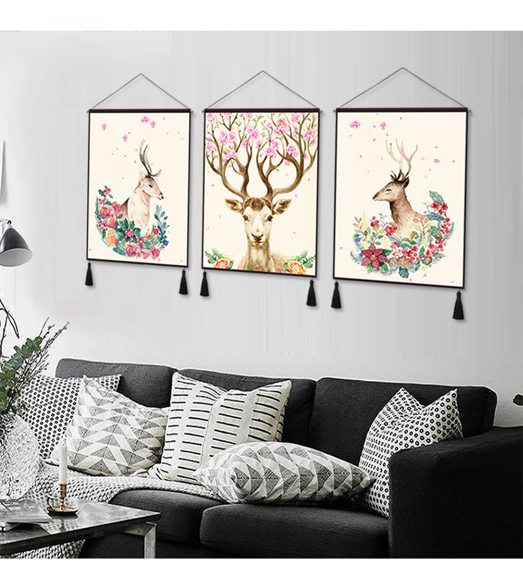 Phòng khách tối giản hiện đại phòng ngủ ba treo vải trang trí bức tranh hành lang Bắc Âu sofa nền tường giường tấm thảm hươu thảm treo tường bản đồ thế giới