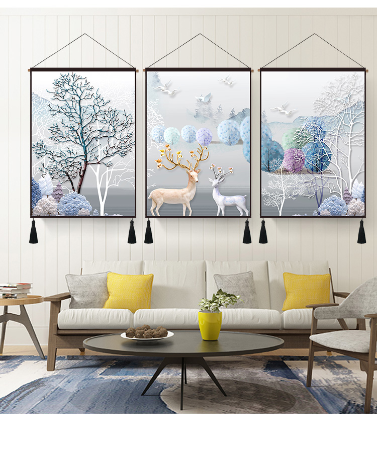 Phòng khách tối giản hiện đại phòng ngủ ba treo vải trang trí bức tranh hành lang Bắc Âu sofa nền tường giường tấm thảm hươu thảm treo tường bản đồ thế giới