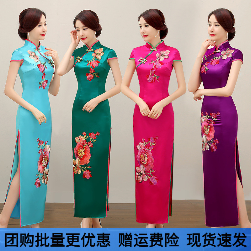 Simulated Silk High-End Runway-Style Cheongsam Stage Performance Dress, Extended Version for Tall Middle-Aged Mothers, Dance Costume, Plus Size