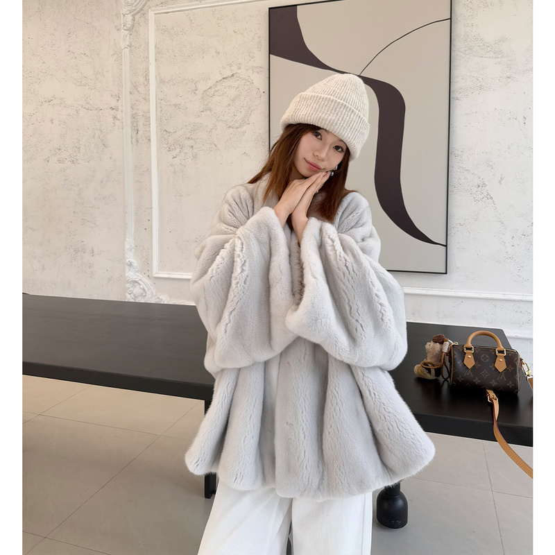 Miss Miao's New Imported Batwing Sleeve Velvet Whole Mink Fur Coat, Whole Mink Fur Outerwear for Women in Winter