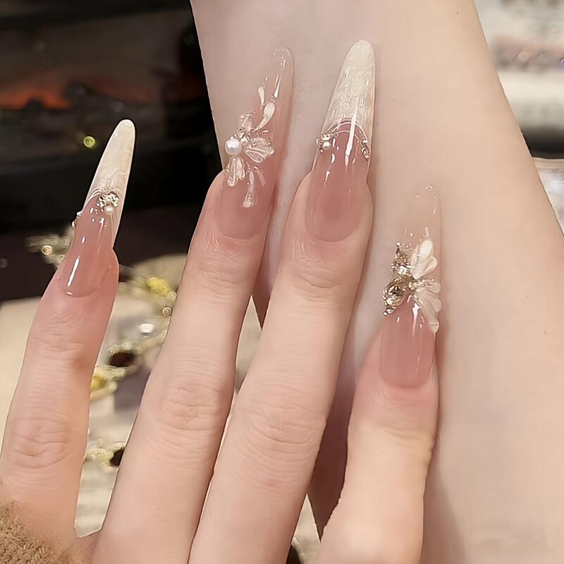 【Golden Branches and Jade Leaves】Hand-Painted French-Style Butterfly Cat-Eye Rhinestone Nail Art, Long Style, High-End Feel, Brightening, Handmade Press-On Nails