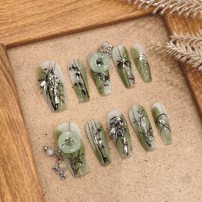 Hand-Painted Bamboo Forest Chinese Style Manicure Jade Peace Buckle Handmade Wearable Nails Green Long Nail Patches 2024 New Style Hand-Painted Bamboo Forest Chinese Style Manicure Jade Peace Buckle Handmade Wearable Nails Green Long Nail Patches 2024 New Style