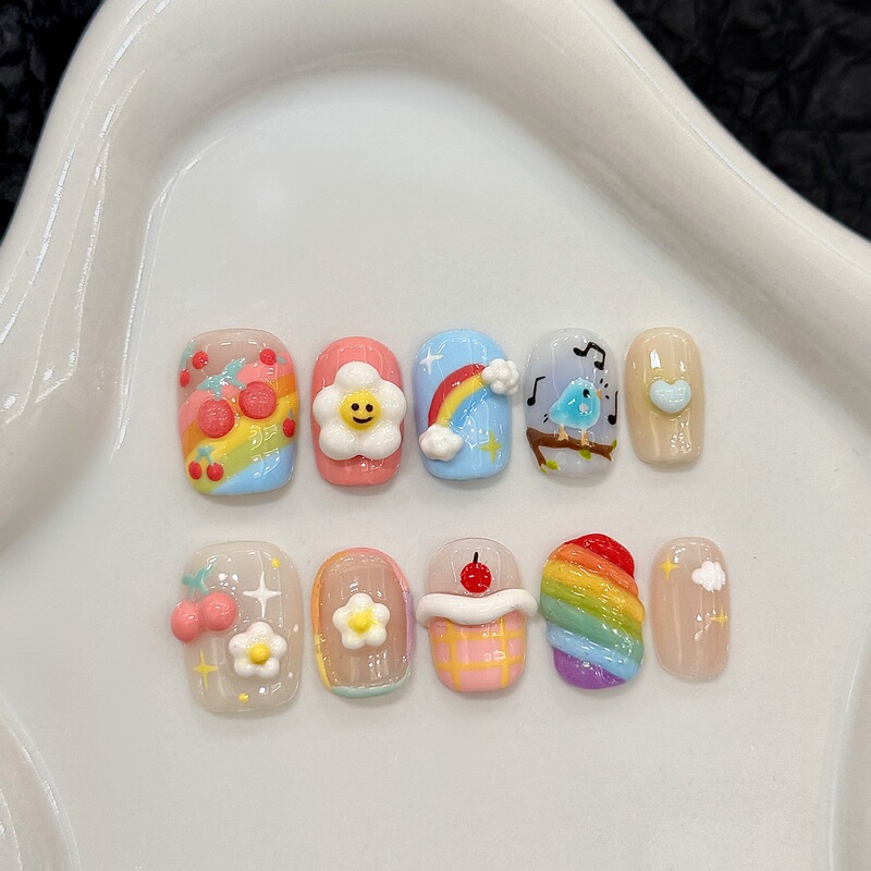 3D Cartoon Dopamine Cute Carved Nail Art Short Style Childlike Brightening Handmade Wearable Nails 2025 New Model