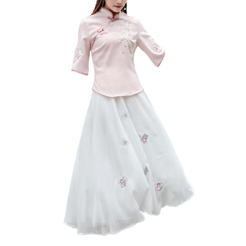 Kiểu Trung Quốc được cải thiện sườn xám áo khoác gió quốc gia nữ retro Tang phù hợp với phong cách Trung Quốc chiếc váy cổ tích quốc gia hai mảnh bộ của phụ nữ