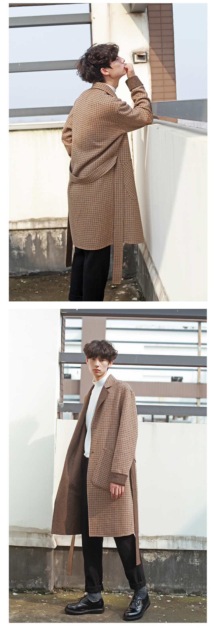 MAZCOO gốc Hàn Quốc phiên bản của retro lưới tie trong phần dài của hai mặt len ​​nhung coat loose áo len nam áo khoác nam hàn quốc