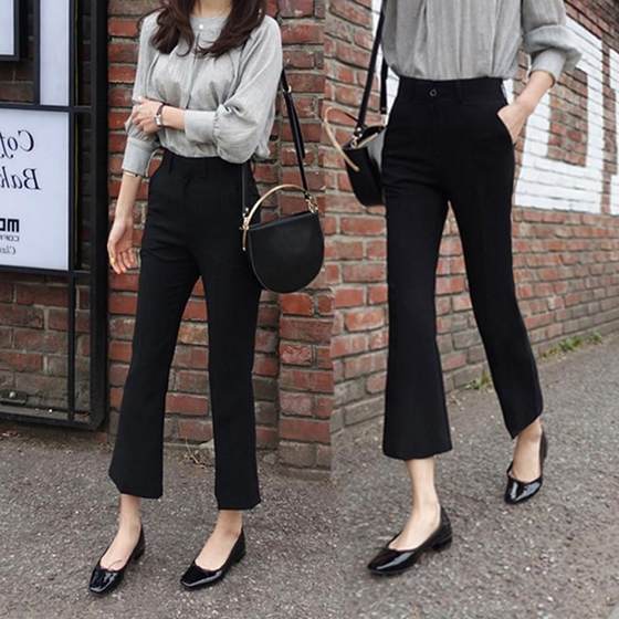 Black micro-flared pants for women, high-waisted slimming mom pants, elastic spring and autumn new style nine-point professional slim suit pants