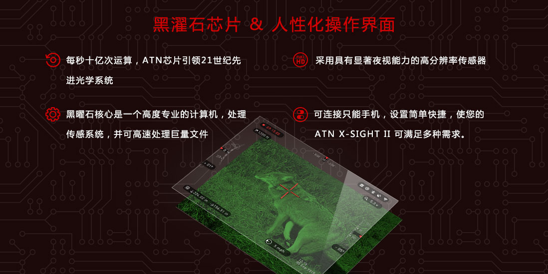 每秒十億次運(yùn)算，ATN芯片21世紀(jì)*光學(xué)系統(tǒng)，采用具有顯著夜視能力的高分辨率傳感器，黑曜石核心是一個(gè)高度專業(yè)的計(jì)算機(jī)，處理傳感系統(tǒng)，并可高速處理巨量文件，可連接只能手機(jī)，設(shè)置簡單快捷，使您的，ATN X-SIGHT II 可滿足多種需求。